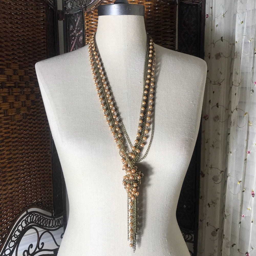 Gold Faux Pearl Multi-Strand Tassel Statement Necklace